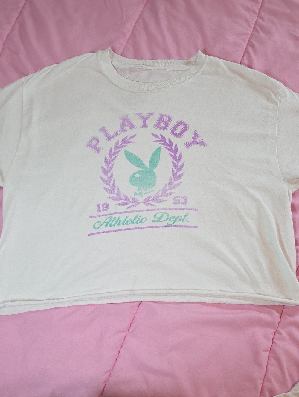 PLAYBOY White Crop Tee with Mint & Lavender Logo